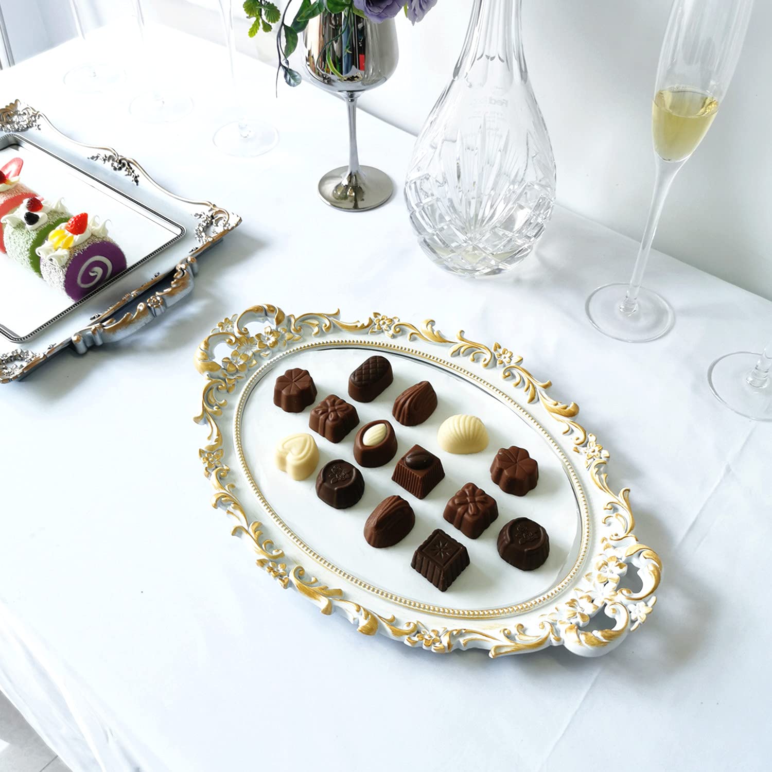 Yamfurga Oval Decorative Mirror Tray, French Style Flower Frame, Makeup Organizer, Jewelry Organizer, Serving Tray, 9.8