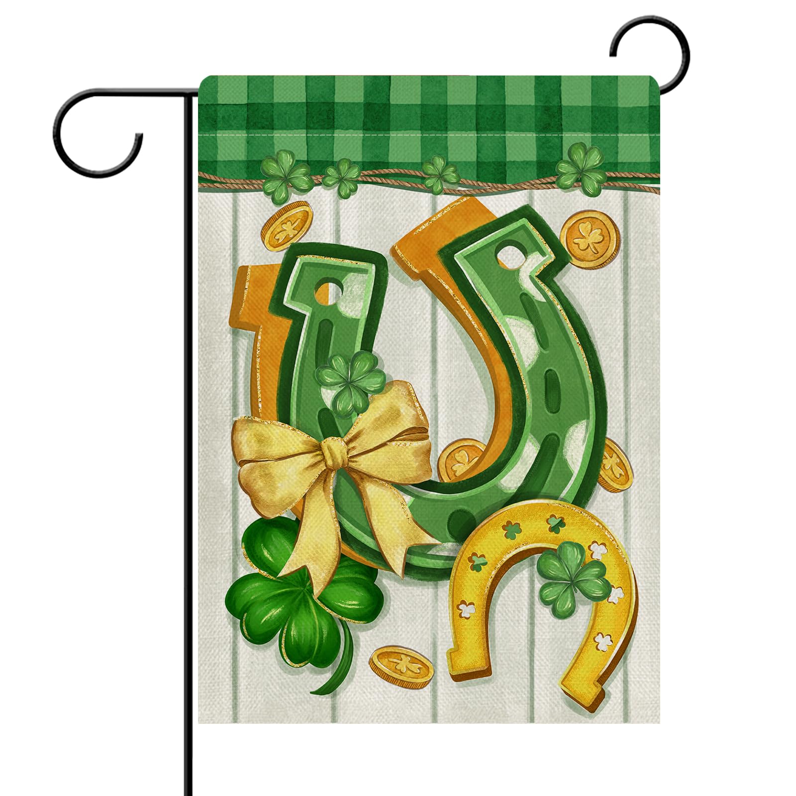 Dyrenson St Patricks Day Horseshoes Decorative Garden Flag, Lucky Shamrock Clover Plaid Yard Outside Home Decorations, Spring Irish Gold Coins Farmhouse Burlap Outdoor Small Decor Double Sided 12 x 18