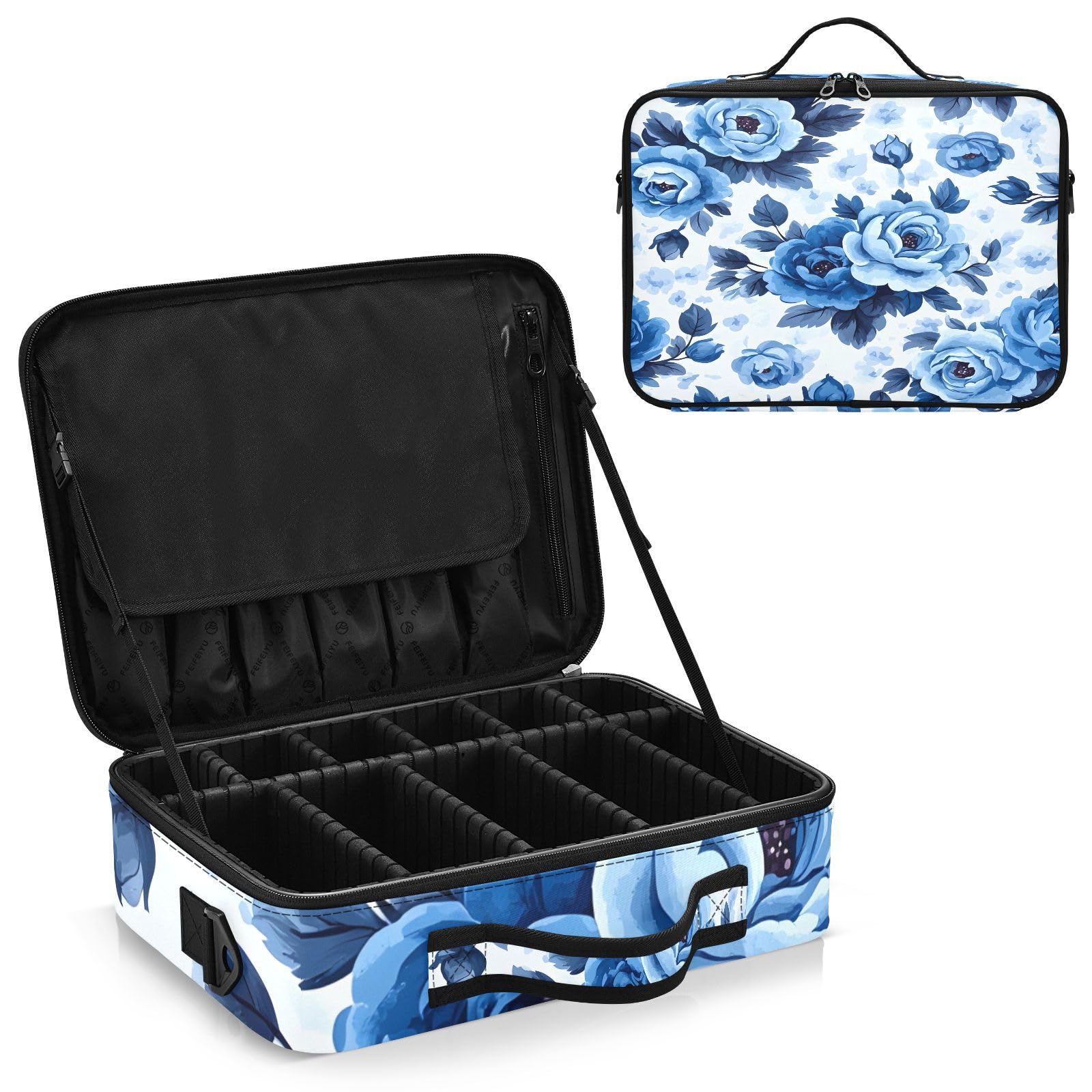 zyrtty Travel Makeup Train Case Blue Flower Patternrose Cosmetic Organizer Portable Storage Bag with Adjustable Dividers for Cosmetics Brushes Toiletry Jewelry Digital Accessories