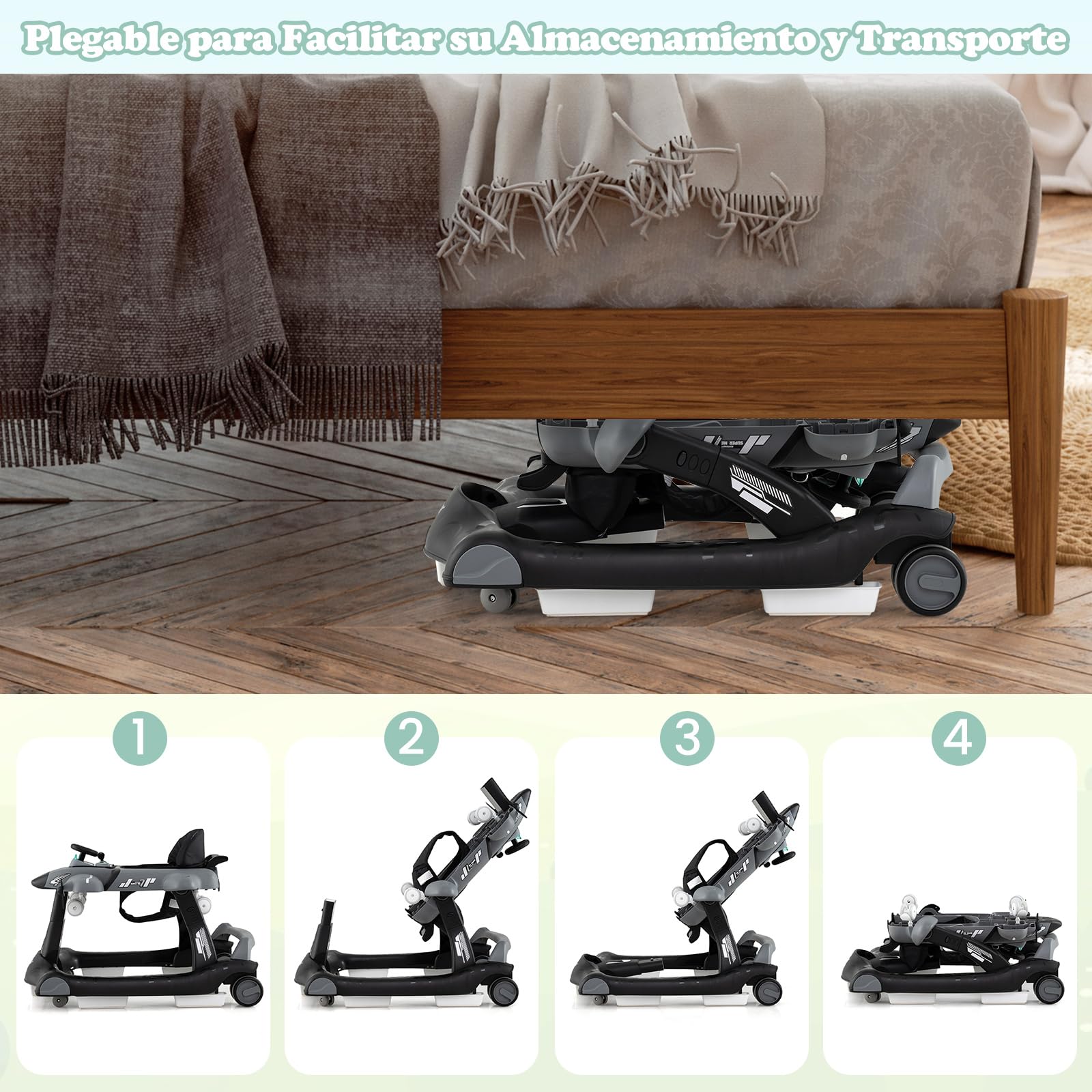 RELAX4LIFE 6 en 1 Andador Bebés Plegable con Altura y Velocidad Ajustables, Tacata Bebe con Asiento Acolchado, Música, Luces y Bandeja de Juguetes para Niños 6-18 Meses, 72,5x64x52/53/54cm (Gris)