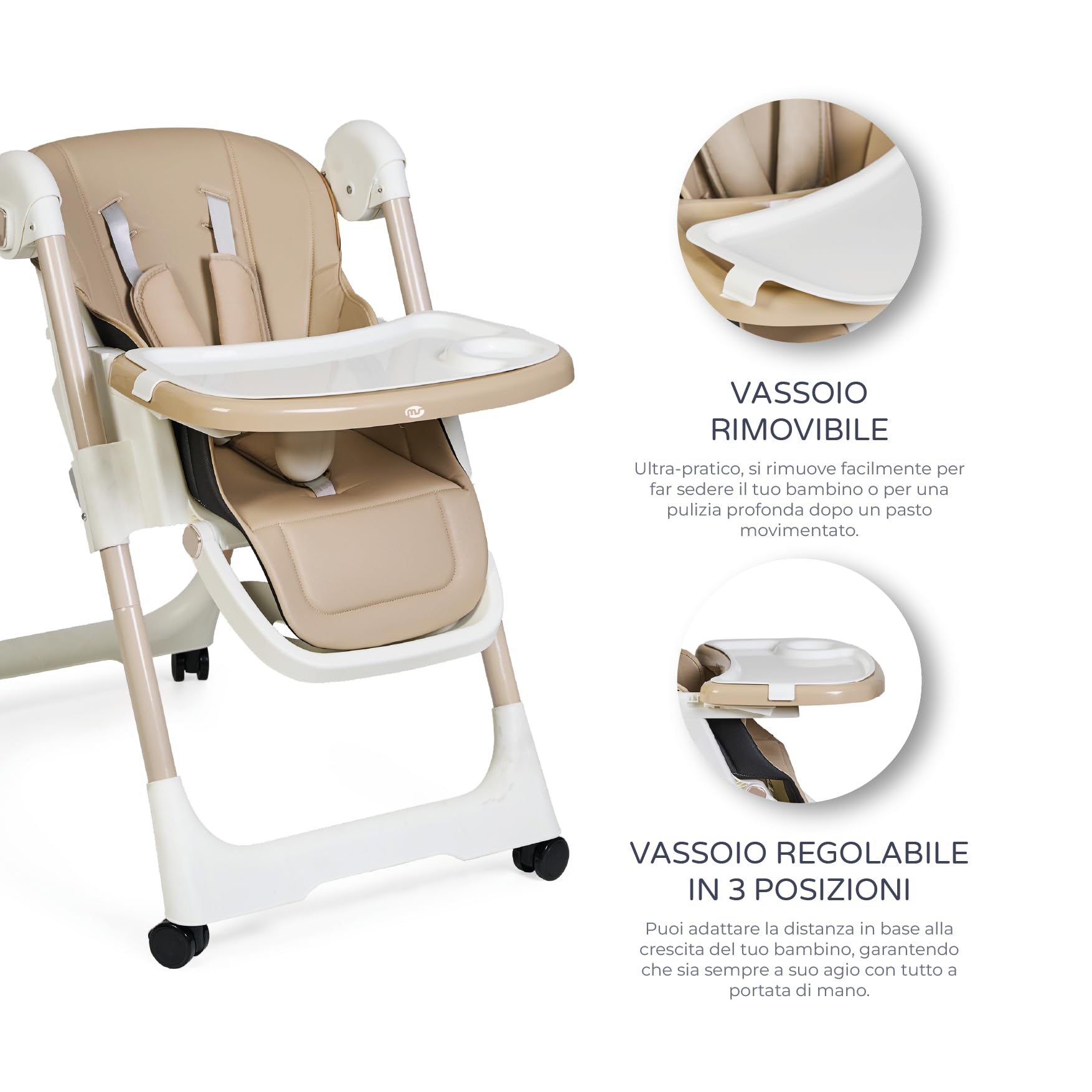 MS BabyWorld – Seggiolone Pappa Evolutivo Tasty | 7 Posizioni di Altezza e 3 di Reclinazione | Vassoio Estraibile e Poggiapiedi Regolabile | Portatile, Pieghevole, Fino a 3 anni