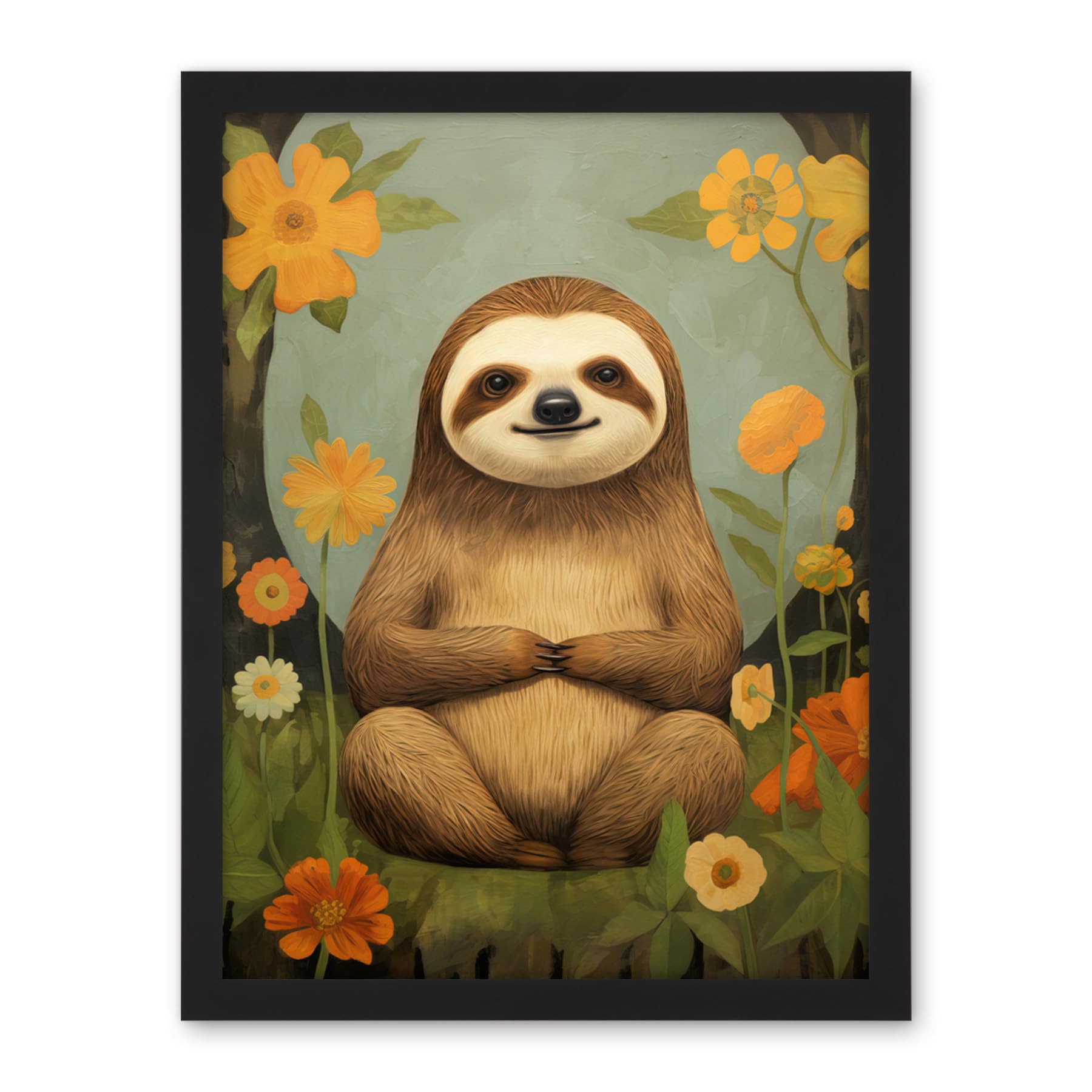 Artery8 Smiling Sloth Meditating in Forest Flowers Kids Bedroom Artwork Framed Wall Art Print 18X24 Inch
