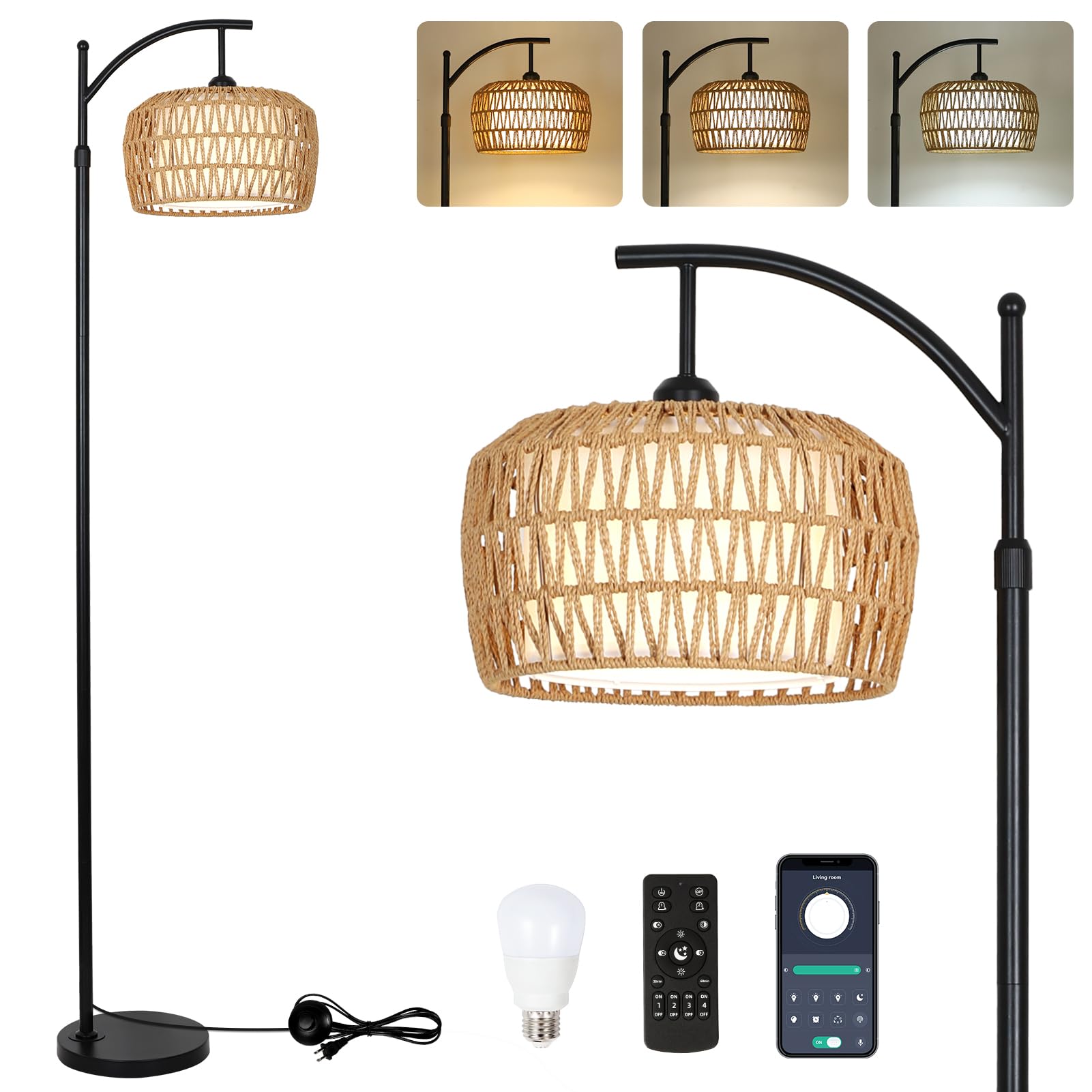 Arc Floor Lamp with Remote, Dimmable Rattan Floor Lamp with LED Bulb, Boho Farmhouse Tall Pole Lamp with Rattan & Fabric Shades, Modern Black Standing Lamps for Living Room Bedroom Nursery