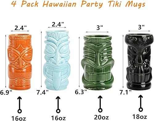 Miniatura 2 de Peohud Paquete de 4 tazas Tiki de cerámica, tazas hawaianas para fiesta, vasos de cóctel exóticos de 201816 onzas, vasos Tiki para Mai Tai, piña
