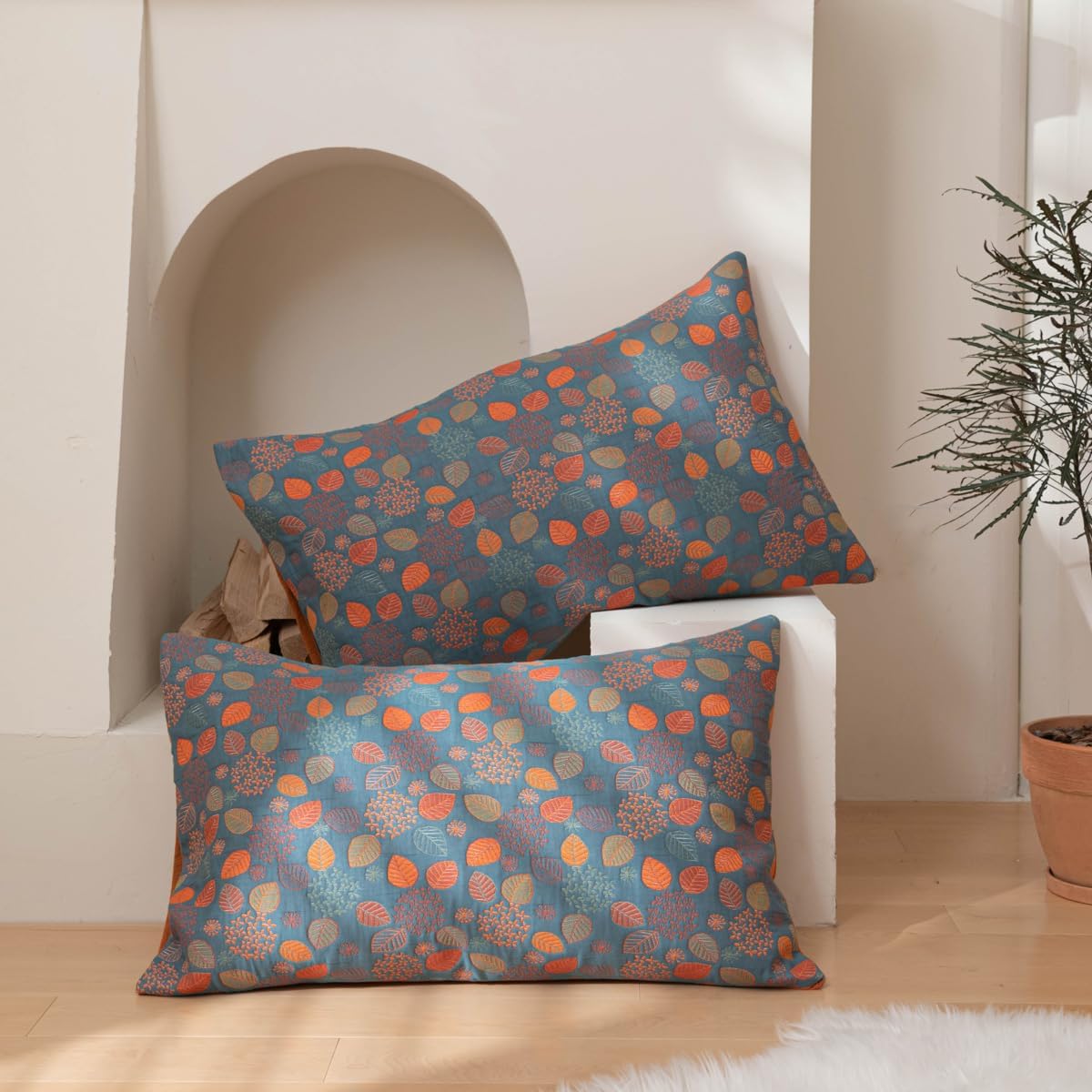 Purefair 100 Cotton Muslin Pillow Shams Set of 2 Jacquard Rustic Floral Leaves