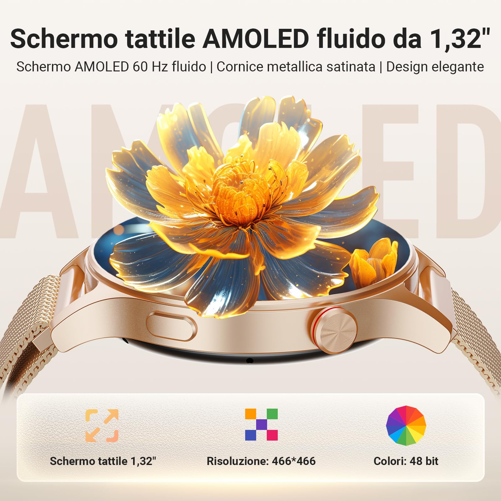 Smartwatch Donna Uomo, 1.32" AMOLED Orologio Fitness Tracker con Effettua/Risposta Chiamate Bluetooth, Contapassi/Cardiofrequenzimetro/Sonno, Impermeabile IP68 per Android iOS Quadrante Rotondo