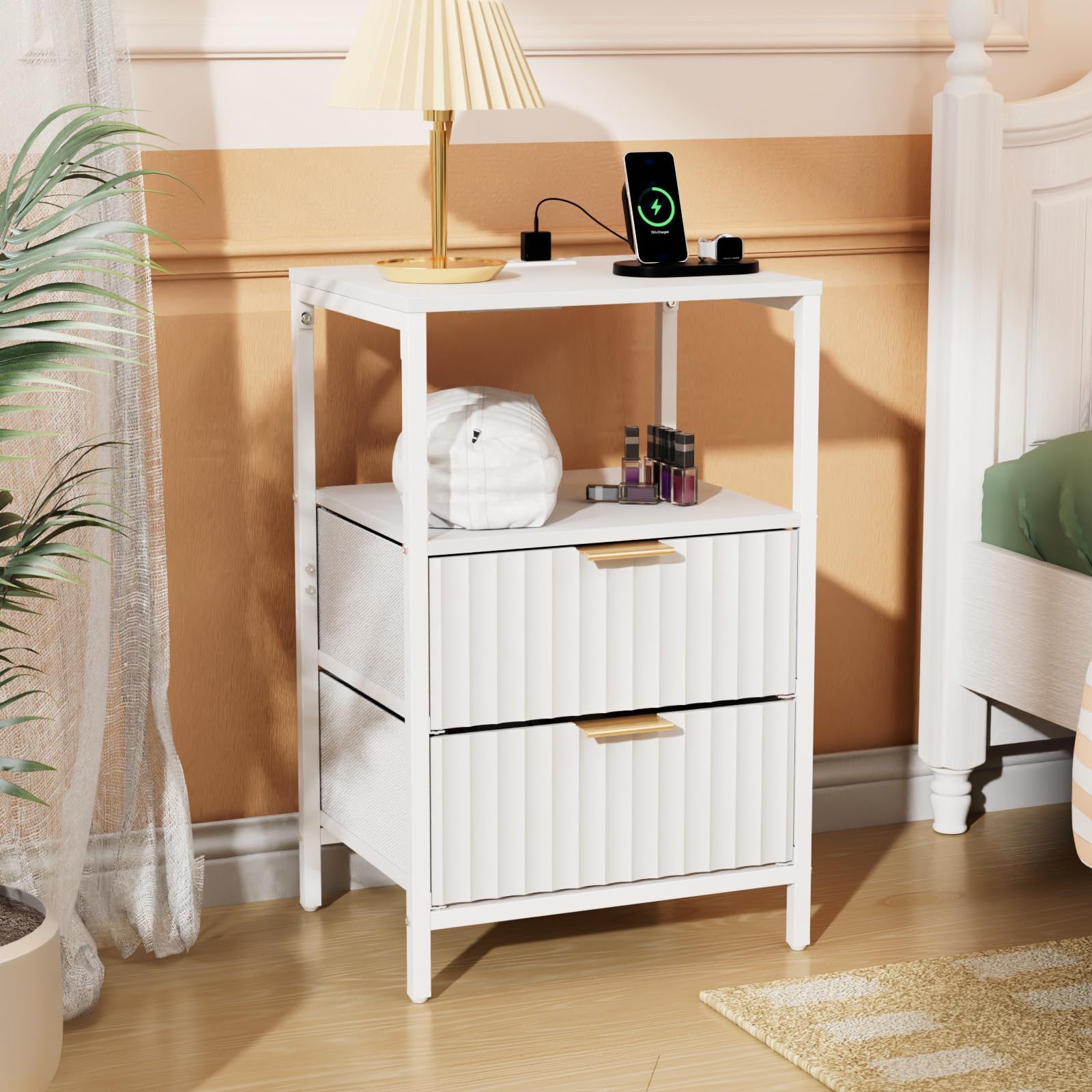 Bonnlo Table de Chevet avec Prises, 2 Tiroirs+1 Étagère, Chambre, Blanche