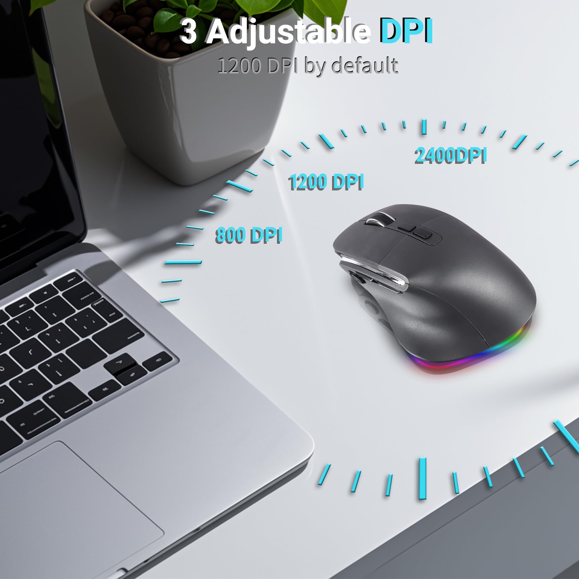 Ratón ergonómico, mouse inalámbrico vertical Bluetooth, ratones ópticos recargables LED, portátil (BT5.2 o USB 2.4GHz), modo dual, 1000/1600/2400 DPI, 8 botones para laptop, escritorio, PC, MacBook