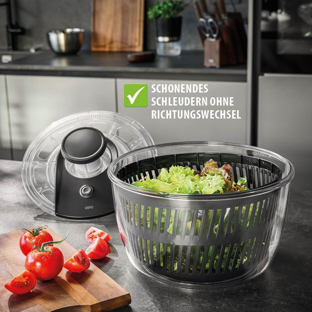 GEFU Salatschleuder mit Push-Mechanismus - 5 l Kapazität, integrierter Ausgießer & Stopp-Button, rutschfest & spülmaschinengeeignet