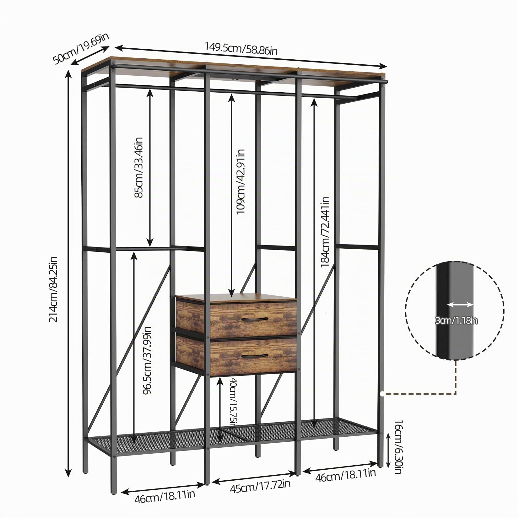 unho Armario Abierto Pesado Vestidor de Metal: Perchero Metálico de Pie Extra Grande con Barras Estantes Cajones para Ropa Zapatos Canastas de Estilo Industrial Negro 150 x 50 x 214 cm