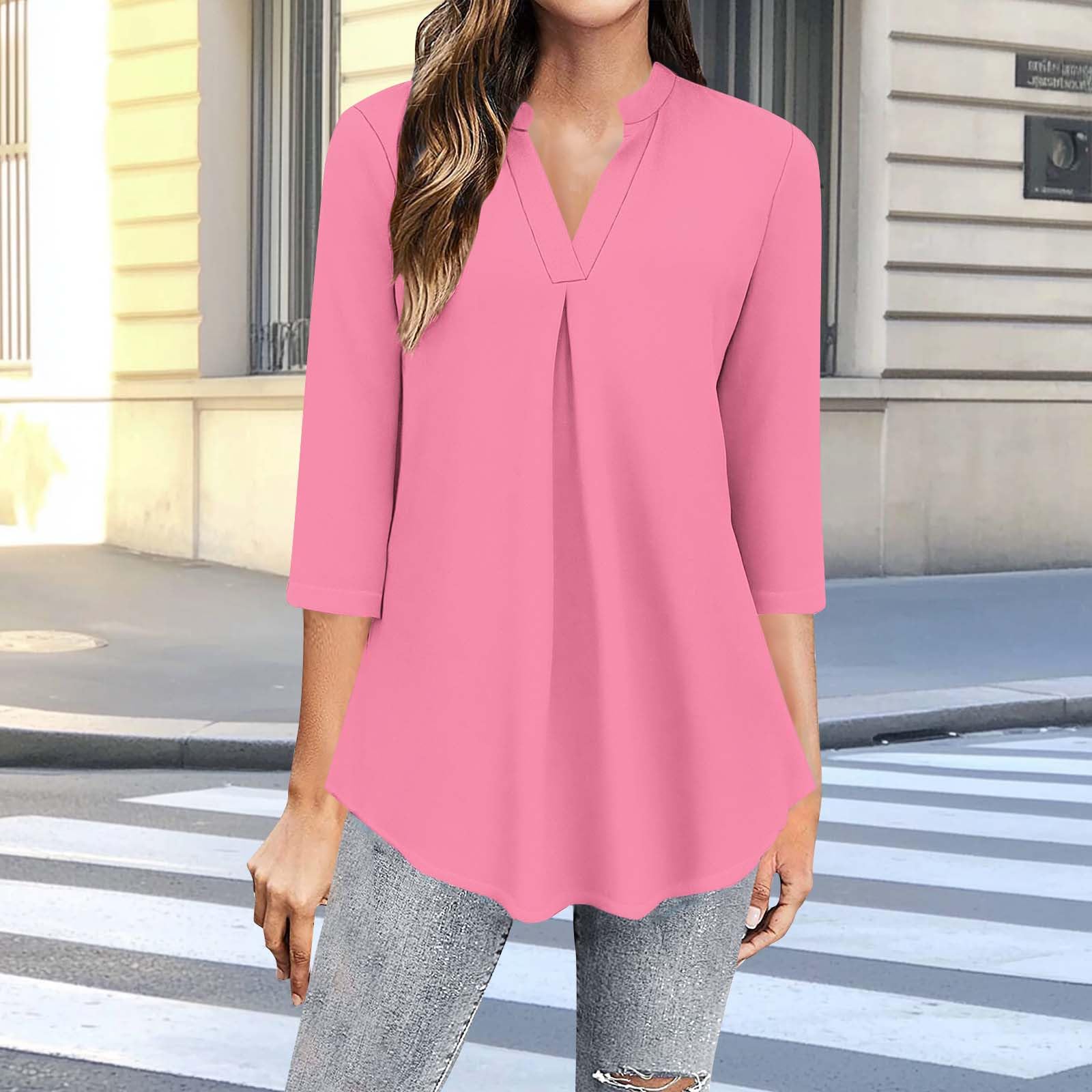 Elegant Blouses for Women Dressy Casual Notch V Neck 3/4 Length Sleeve Tops Loose Flowy Three Quarter Sleeve T Shirts Pink