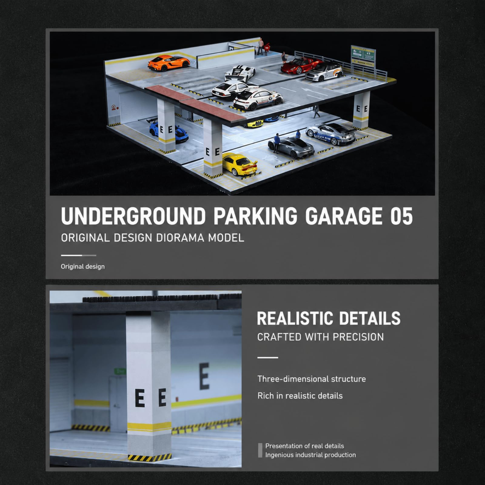 Miroir diorama 1:64 modèle de garage, modèle de scène de voiture moulé sous pression, éclairage LED pour stationnement de ville, modèle de bâtiment (garage 05)