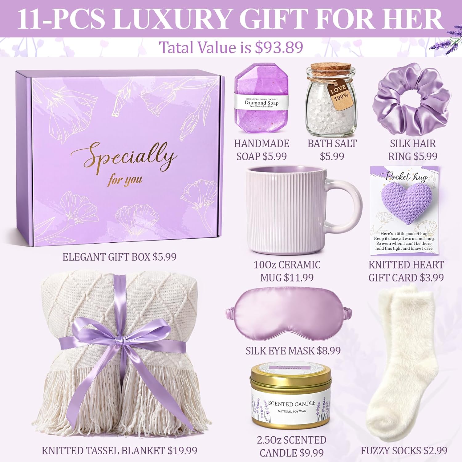 Cabtnca 11Pcs Get Well Gifts for Women, Birthday Valentine's Day Gifts for Her, Purple Self Care Package Gift Baskets for Woman, Thinking of You Gift Set for Mom Sister Friend Wife Girlfriend - Image 7