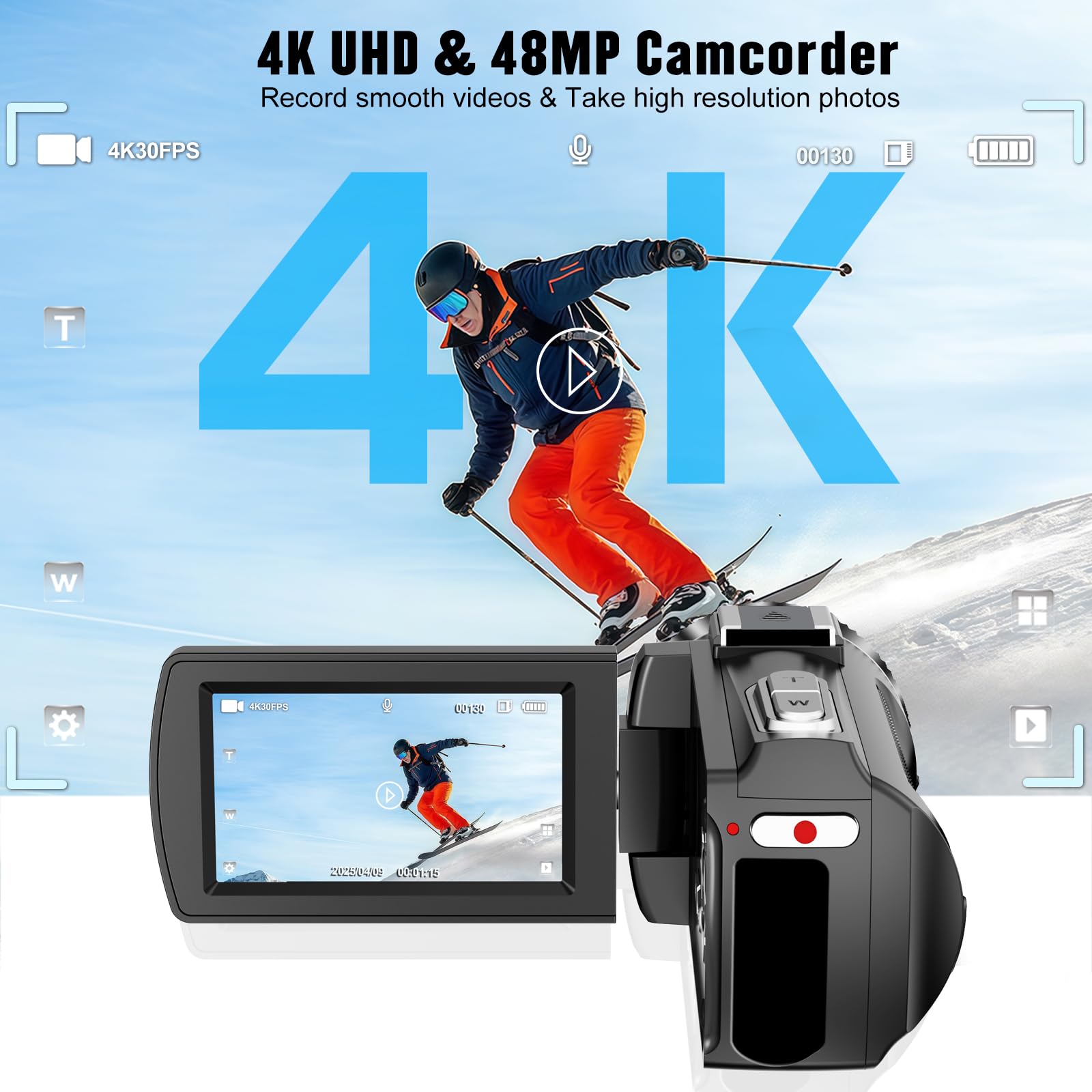 Videocamera 4K 48MP HD Videocamera Registratore, 18X Digital Zoo 3 pollici Touch Screen Vlogging Camera per YouTube con microfono, stabilizzatore, paraluce, telecomando e 2 batterie