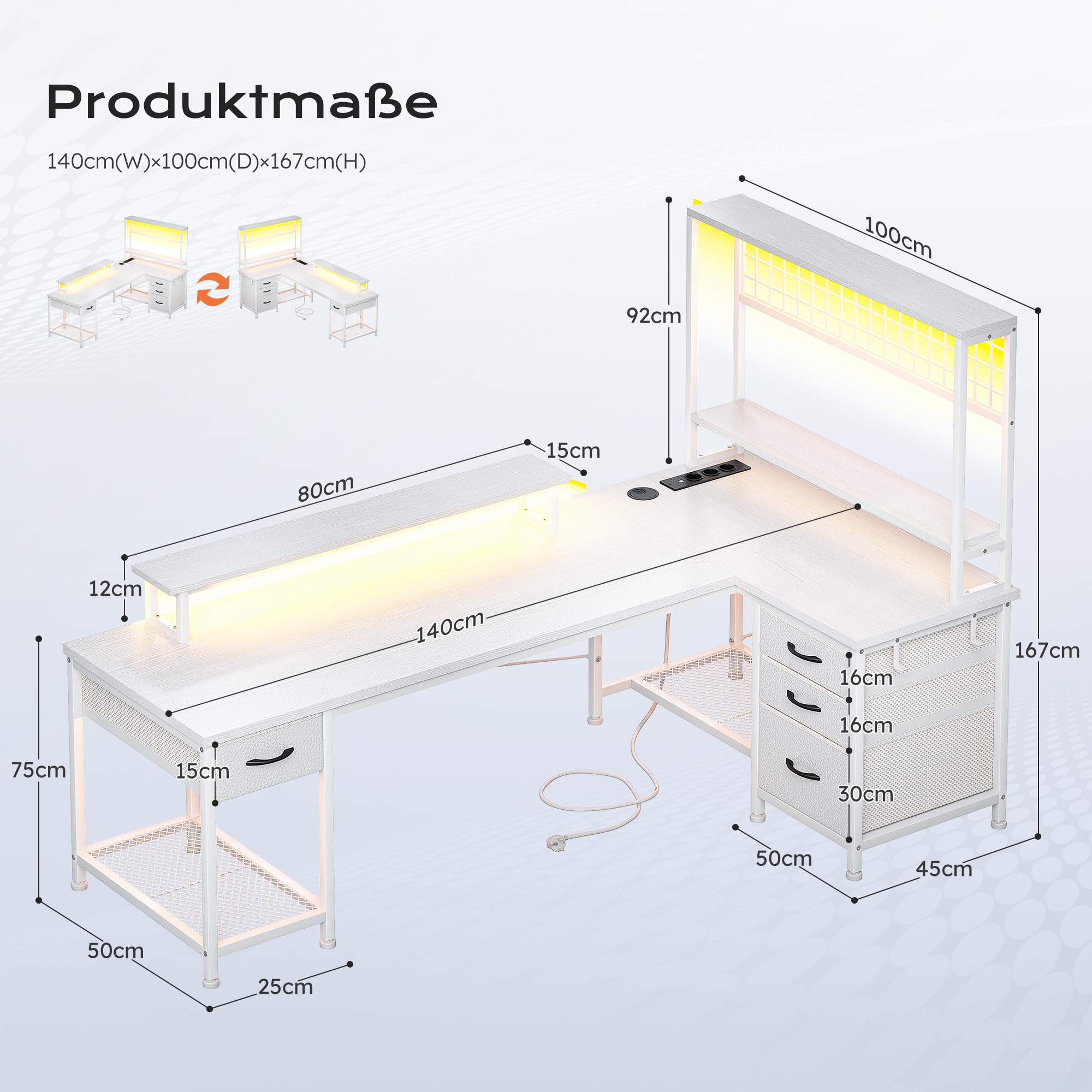 140x100 cm L Form Gaming Schreibtisch mit Bücherregal für Homeoffice