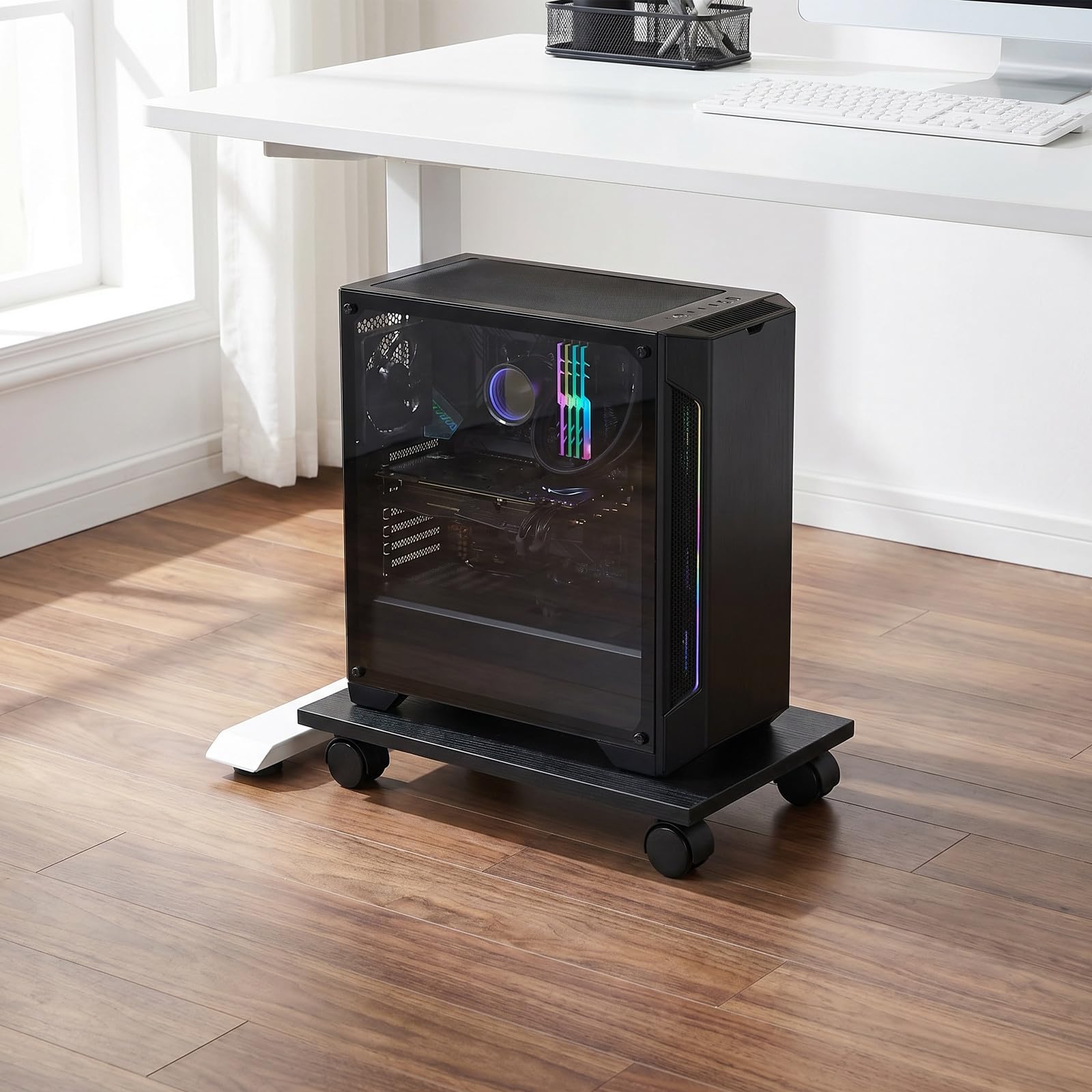 2 Soportes para Torre de Ordenador con Ruedas - Carro para CPU con Ruedas giratorias con Bloqueo - Plataforma de Madera Negra - Soporte para PC Debajo del Escritorio con Freno para Suelo 15,7