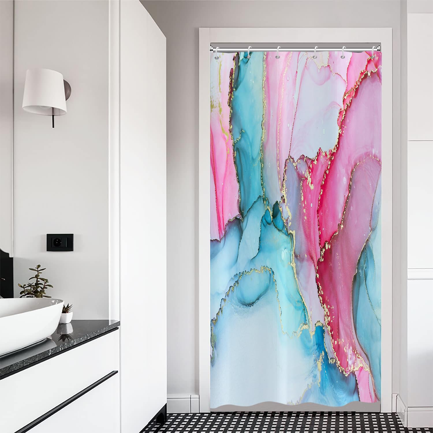 ASDCXZ Marble Shower Curtain 90x180 cm, Modern Abstract Blue Rose Red Gold Marble Optic Texture Washable Bath Shower Curtains Polyester Textile Waterproof Shower Curtain for Bathtub with 6 Hooks โ image 1