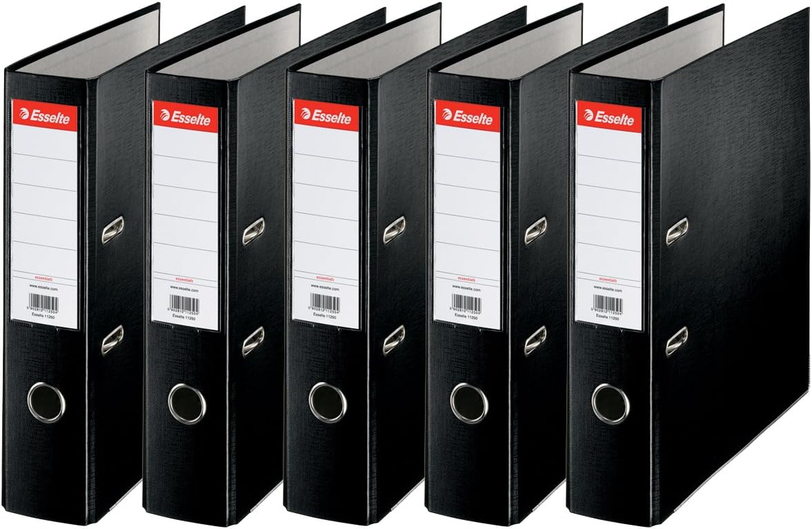 Esselte Essentials, A4 Lever Arch File, 75 mm Spine, 500 Sheets Capacity, PP, Plastic Cover, File Folder, Black, Pack 5, 23991