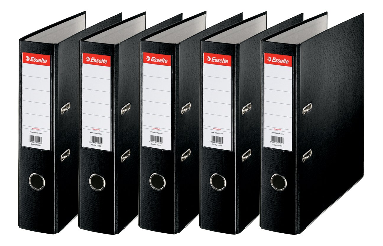 Esselte Essentials, A4 Lever Arch File, 75 mm Spine, 500 Sheets Capacity, PP, Plastic Cover, File Folder, Black, Pack 5, 23991