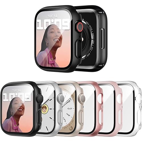 6 Pack Case with Tempered Glass Screen Protector for Apple Watch Series 9/8/7 41mm, Ultra-Thin Scratch Resistant Full Protective Hard PC Bumper Cover for iWatch 41mm Accessories