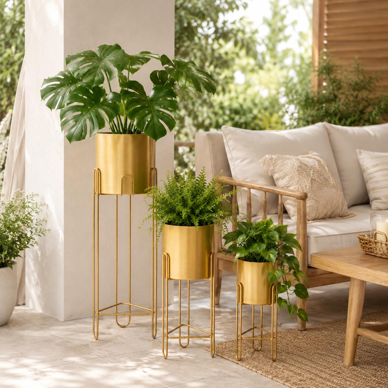 TRIROCKS Set di 3 Vasi Moderni con Supporto, Fioriere per Piante da Interno/Esterno per Soggiorno, Cucina, Giardino, Balcone (Oro)