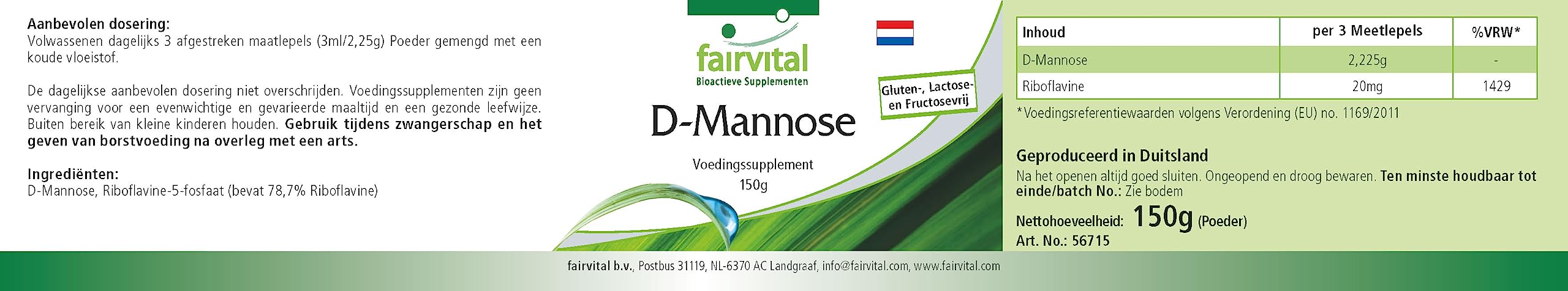 fairvital D-mannose 150 g de poudre, avec de la vitamine B2 (riboflavine), 100% pur et 100% végétalien, hautement dosé, qualité contrôlée, fabriqué en Allemagne