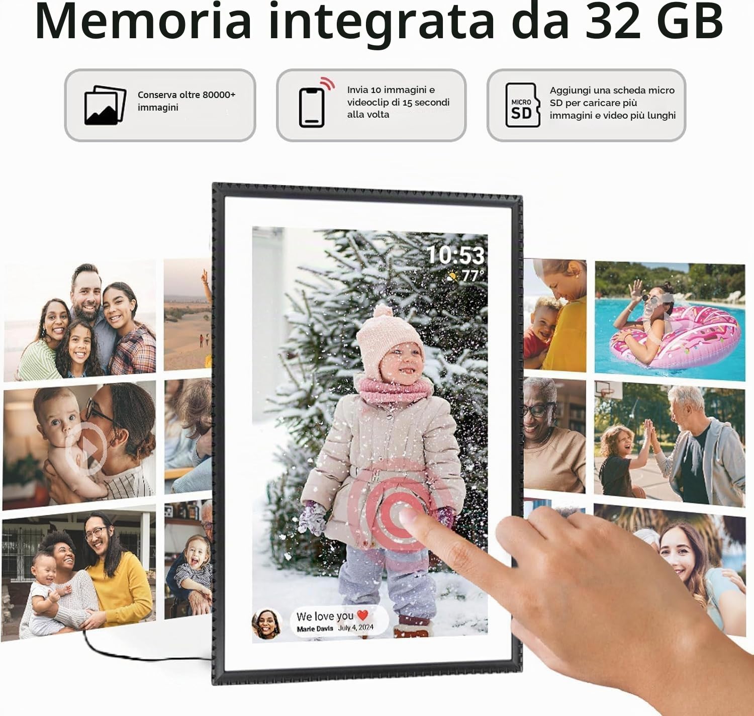 Cornice digitale WLAN da 10,1 pollici, 32 GB di memoria Cornice digitale intelligente 1280 * 800 HD IPS touchscreen con rotazione automatica, condivisione di foto o video tramite l'app Frameo