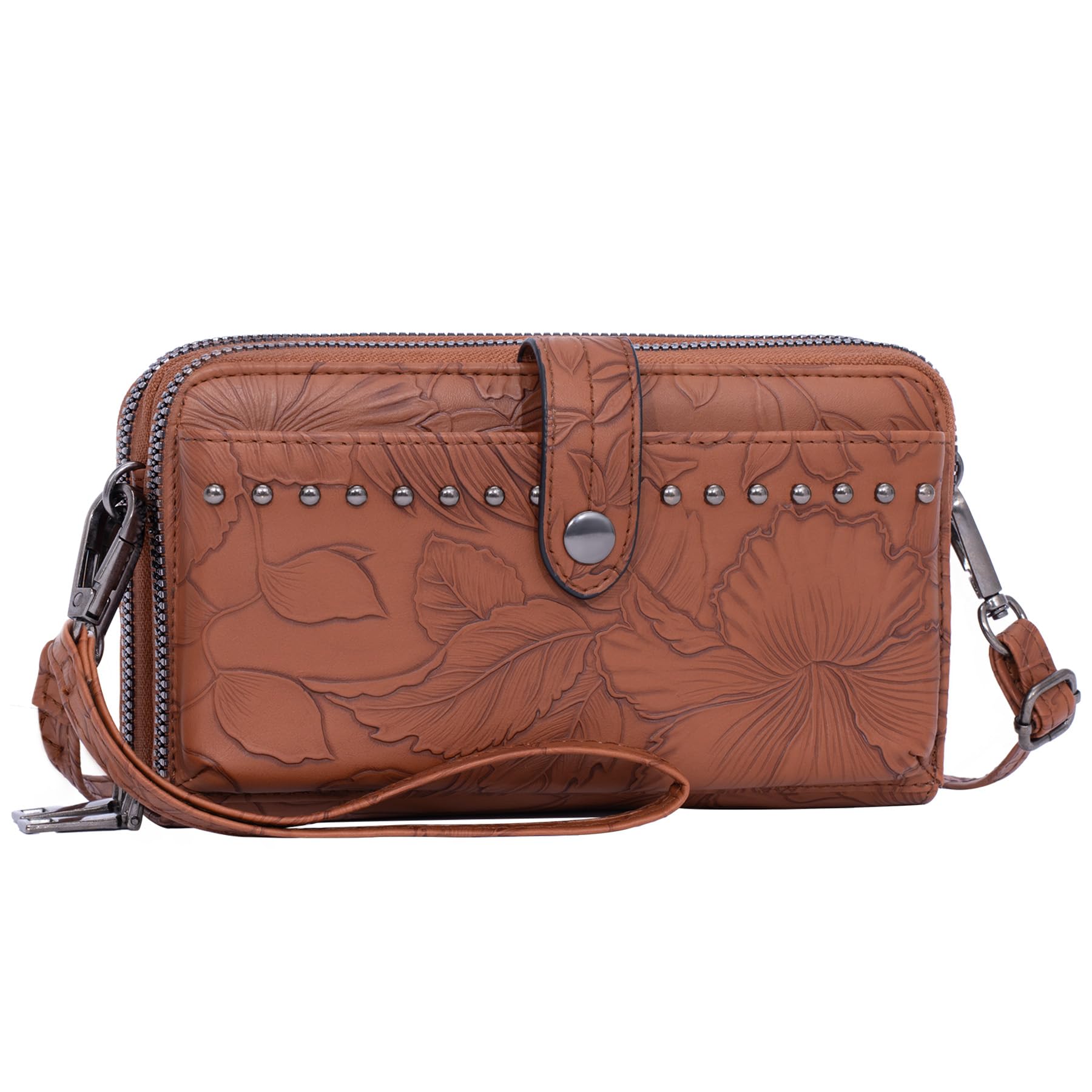 Toptime Handytasche zum Umhängen, Geprägtes Leder Crossbody Bag Damen mit Kartenschlitz, Handy Umhängetasche mit Handgelenkband & Verstellbar Schultergurt, Vintage Braun Mini Handtasche für Shopping