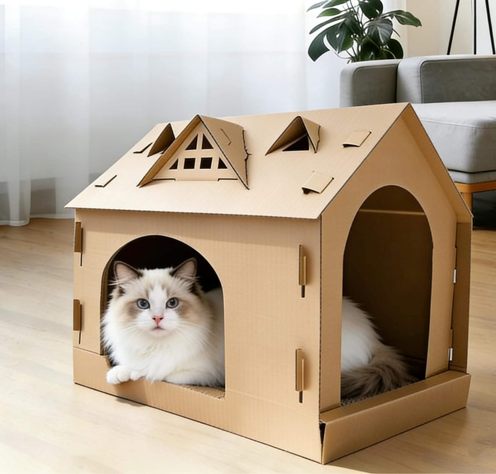 Griffoir pour chat en carton 44cm avec maison de jeu interieure et herbe a chat