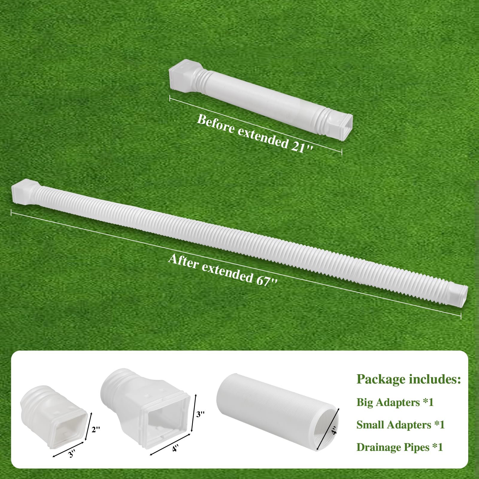 Gutterlix 1 paquete de extensiones flexibles de canalón de bajante extensibles de 21 a 67 pulgadas, el extensor de bajante viene con adaptadores, extensión de drenaje de boquilla gruesa para drenaje