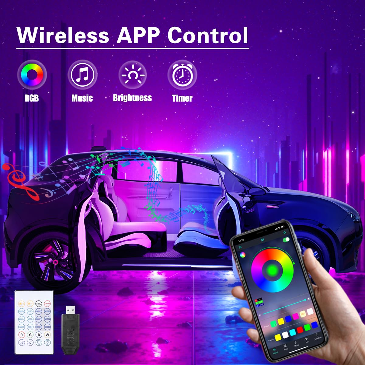 Dreamcolor - Luci per interni auto, in acrilico, con app wireless, telecomando / pulsante, 10 in 1, kit di illuminazione ambientale, 16 milioni di colori, accessori per strisce al neon per