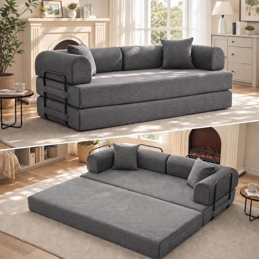 IDEALHOUSE 79" Convertible Futon Sofa Bed, Boneless Couch for Living Room | Folding Corduroy Sleeper Sofa, Modular Pull Out Couch with Pillows, Loveseat,No Assembly | Gray