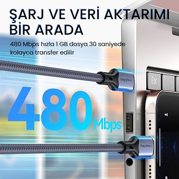 Veggieg 100W 5A E-Mark Çipli PD Type-C to Type-C Hızlı Şarj ve Data Kablosu 2 Metre