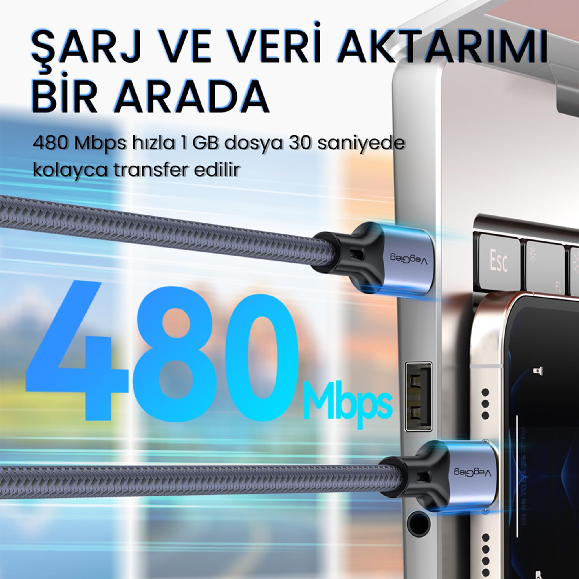 Veggieg 100W 5A E-Mark Çipli PD Type-C to Type-C Hızlı Şarj ve Data Kablosu 1.2 Metre