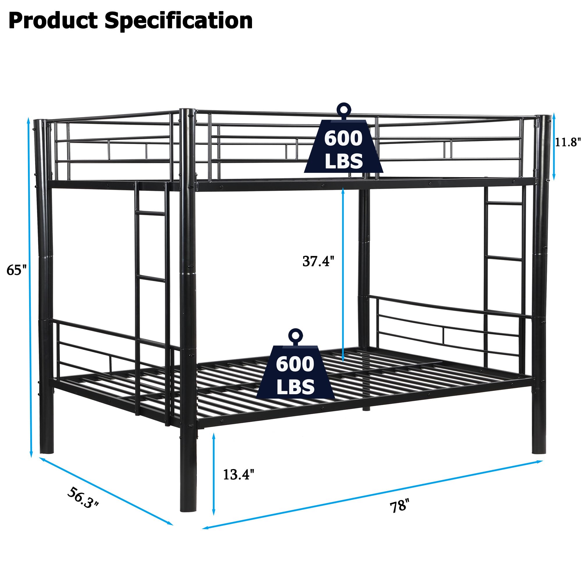 FUSVZ Metal Full Over Full Bunk Bed for Adults, Kids & Teens | Heavy Duty Convertible Bunk Bed with Sturdy Guard Rails & Dual Side Ladders | Space-Saving Durable Metal Frame | Weight Capacity 600LBS