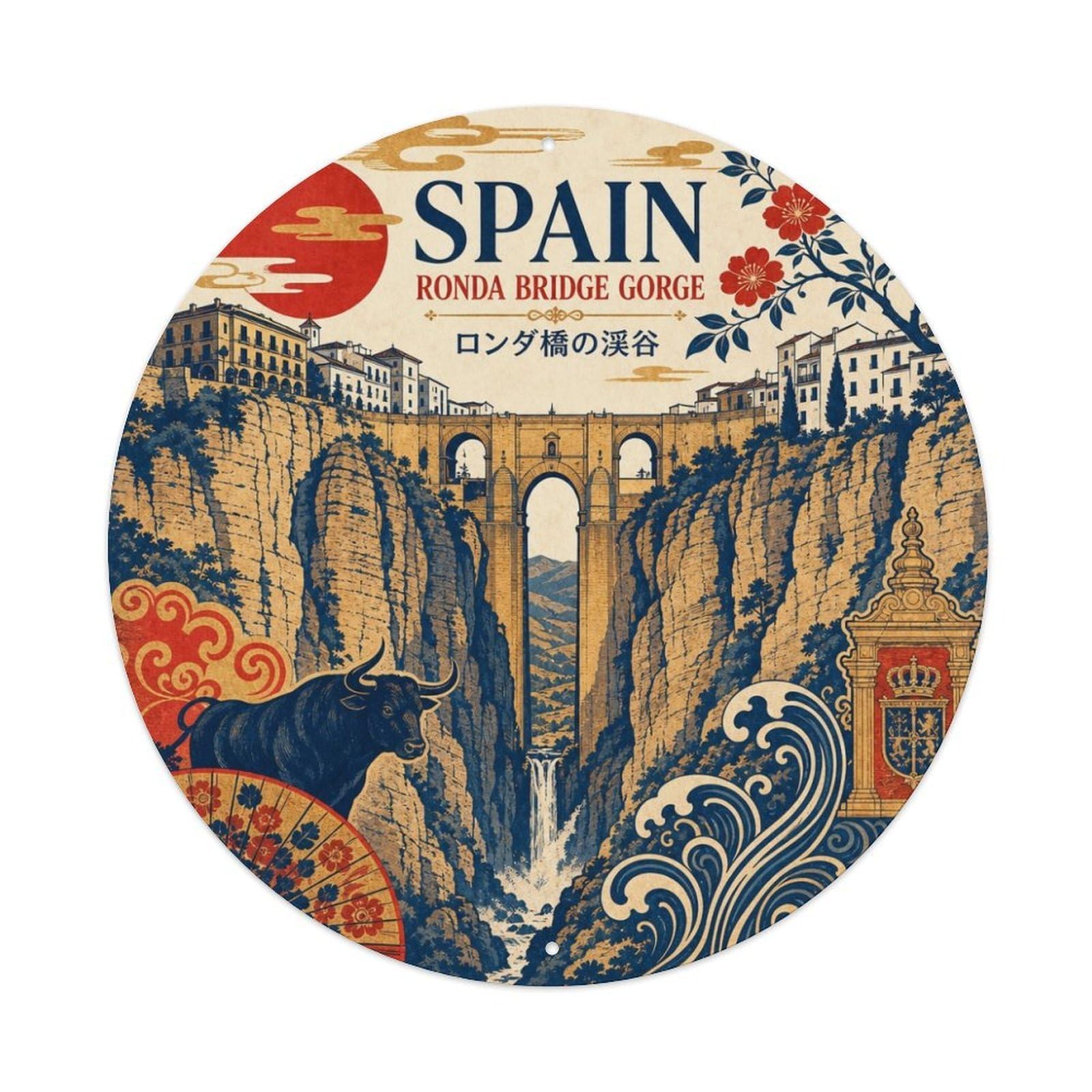 Spain Ronda Bridge Gorge Japanese Style Old Town Travel Metal Tin Sign Plaque Wall Decor for Cafe, Man Cave, Club Bar, Office, Home Garden Round Metal Poster 8x8Inch