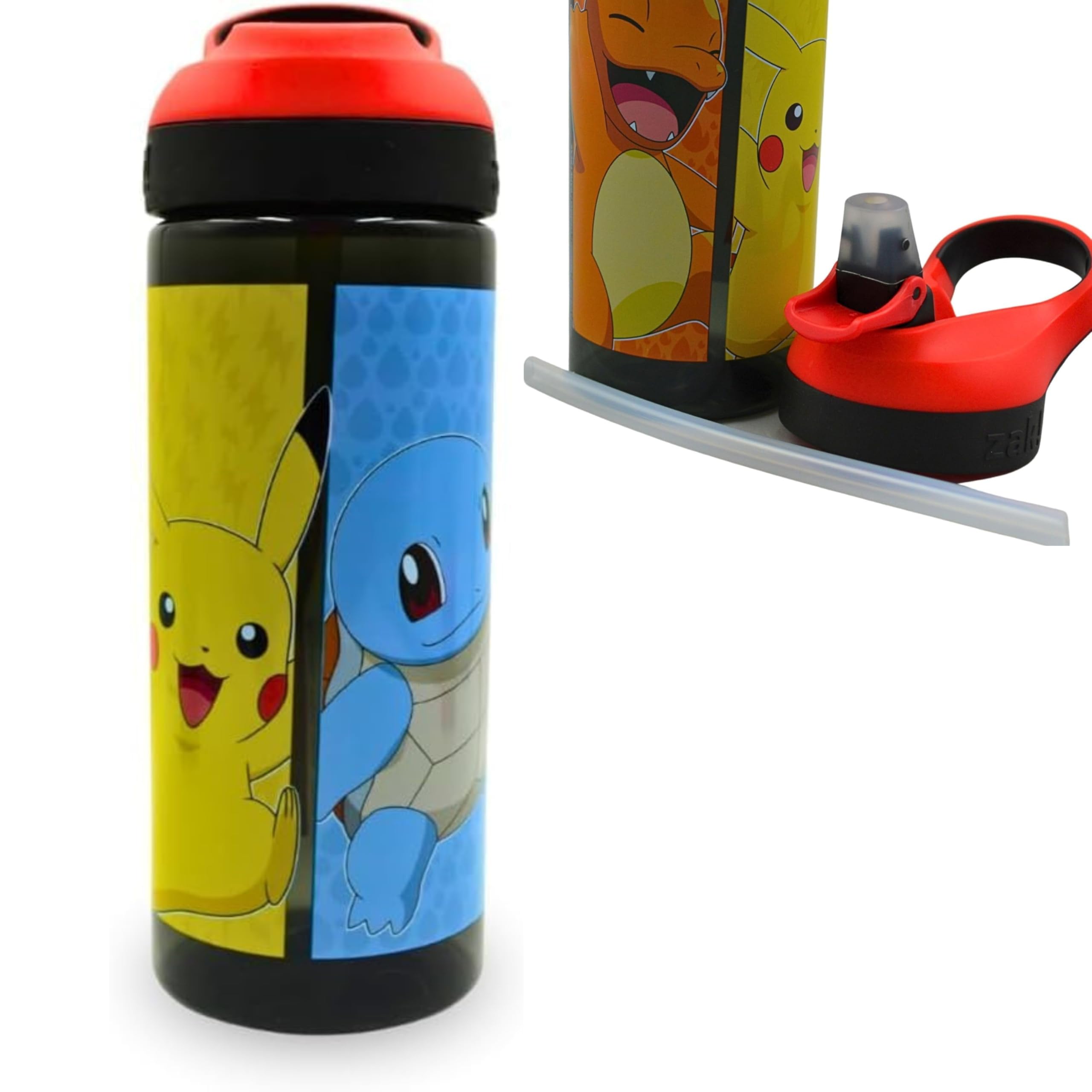 Pokémon Water Bottle for Kids 475ml – Leakproof Reusable Drink Bottle with Straw & Flip Lid – Christmas Gift Plastic Bottle Featuring Pikachu, Charmander & Squirtle – School, Sports & Travel Bottle