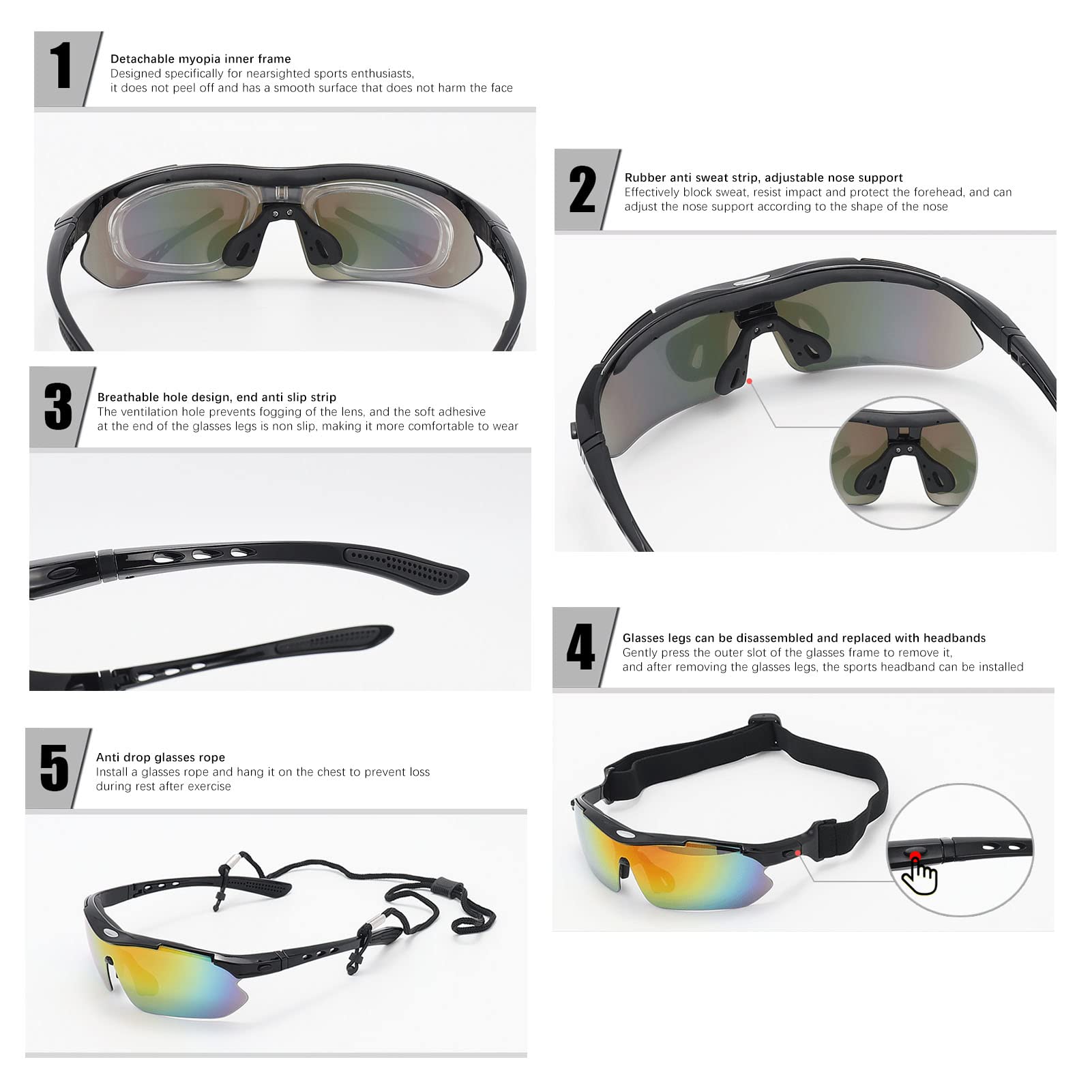 Zdejmowane Spolaryzowane Sportowe Okulary Przeciwsłoneczne dla Kobiet Mężczyzn Zestaw Okularów Przeciwsłonecznych z 4 Soczewkami Ochronnymi do Wędkowania na Rowerze do Biegania