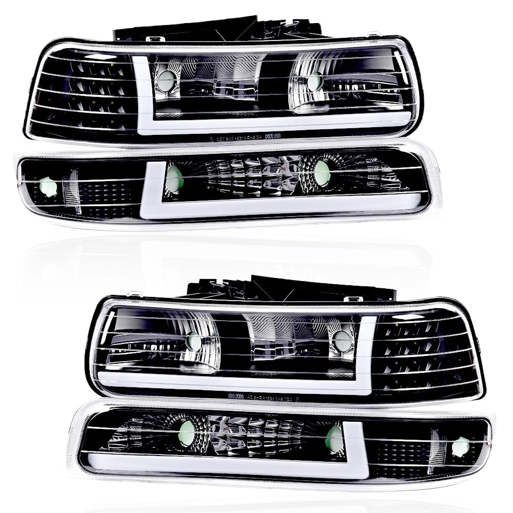 G-PLUS LED DRL Headlights, Compatible with 1999-2002 Chevy Silverado 1500 2500/2001-2002 Silverado 1500HD 2500HD 3500, Driver Side & Passenger Side, Clear lens Black Housing Clear Reflector
