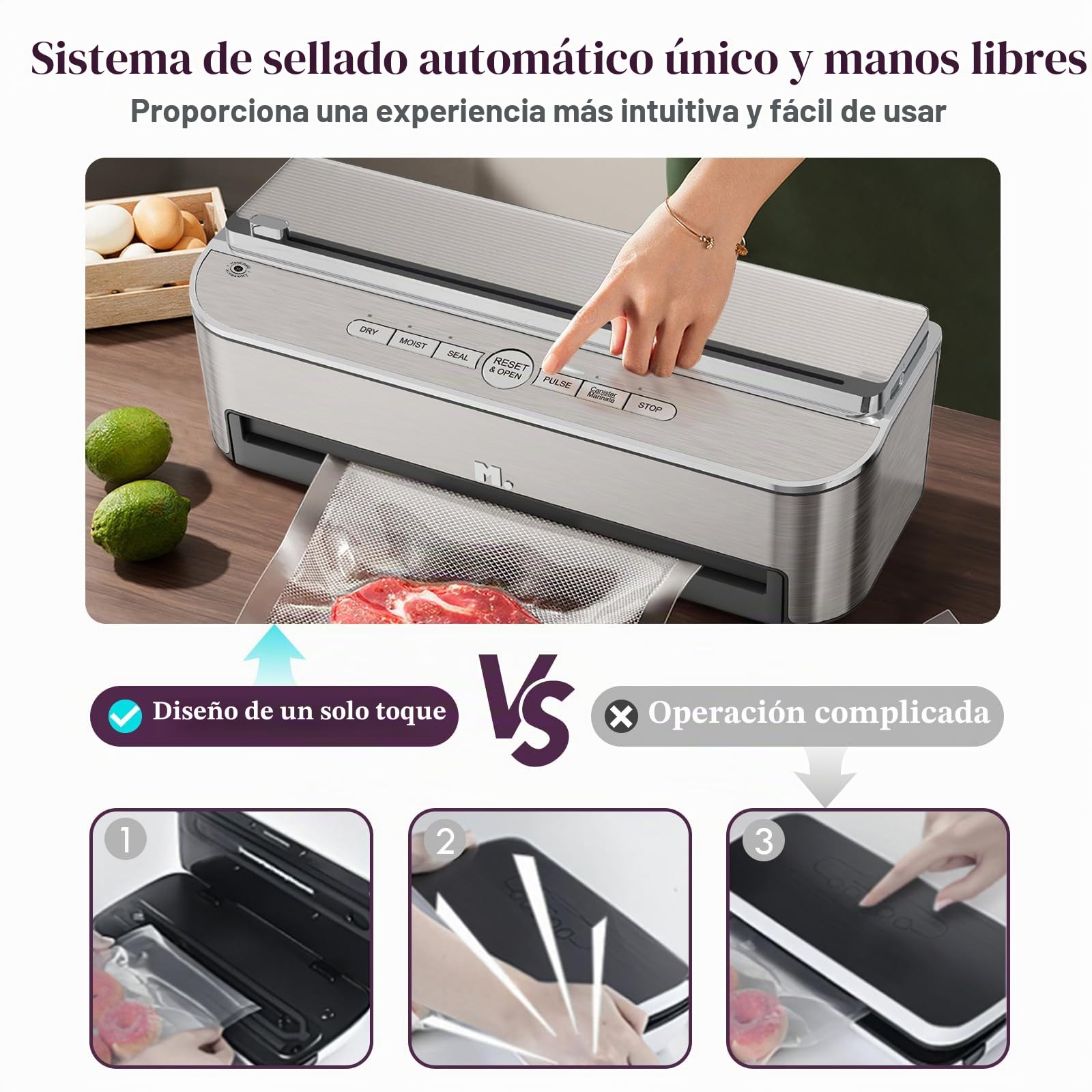 Mesliese 85kPa 120W Envasadora al Vacío, Cortador, 2 Rollos | 85kPa/120W, cortador y almacén integrados, modos seco/húmedo, tira 11,8", 2 rollos + 5 bolsas, garantía 5 años.