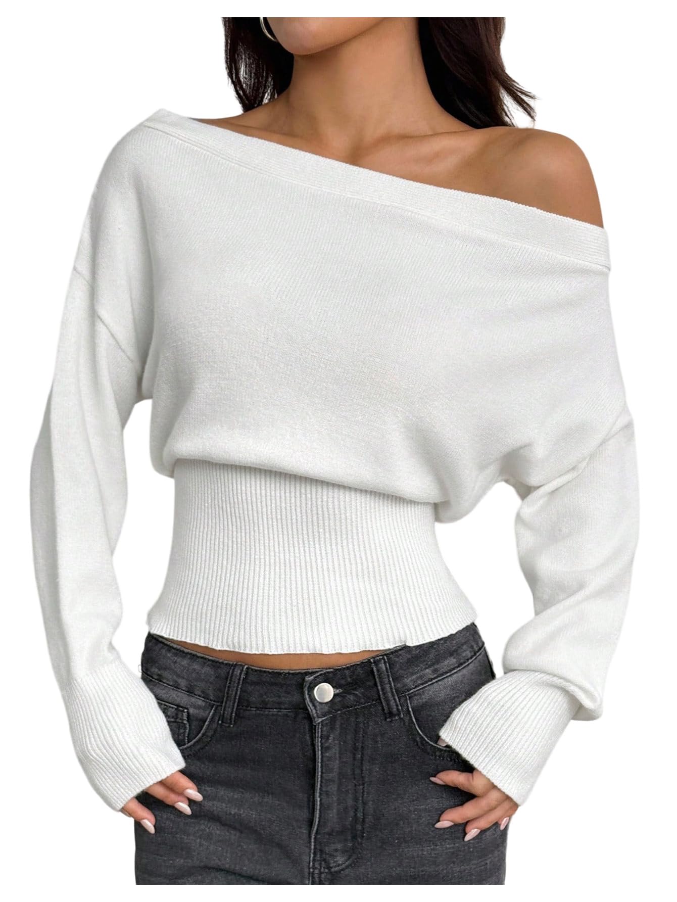 SHENHE Womens Off The Shoulder Sweater Lightweight Cinched Waist Fall Knit Sweater Pullover