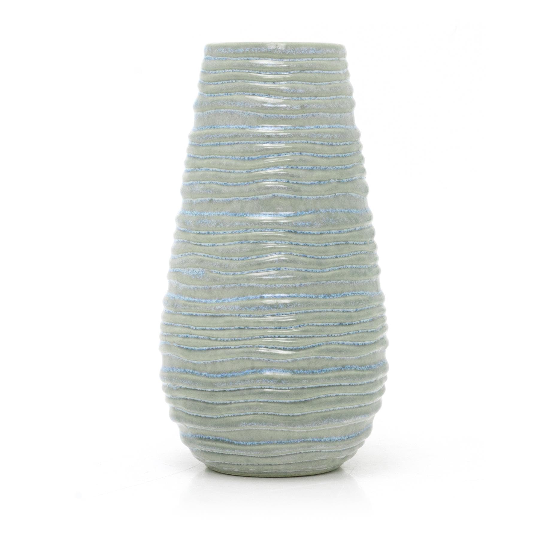 Reactive Blue Glazed Ridged Vase | Handcrafted Ceramic Vase with Rustic Blue and Grey Reactive Glaze - 20.5x10.5cm
