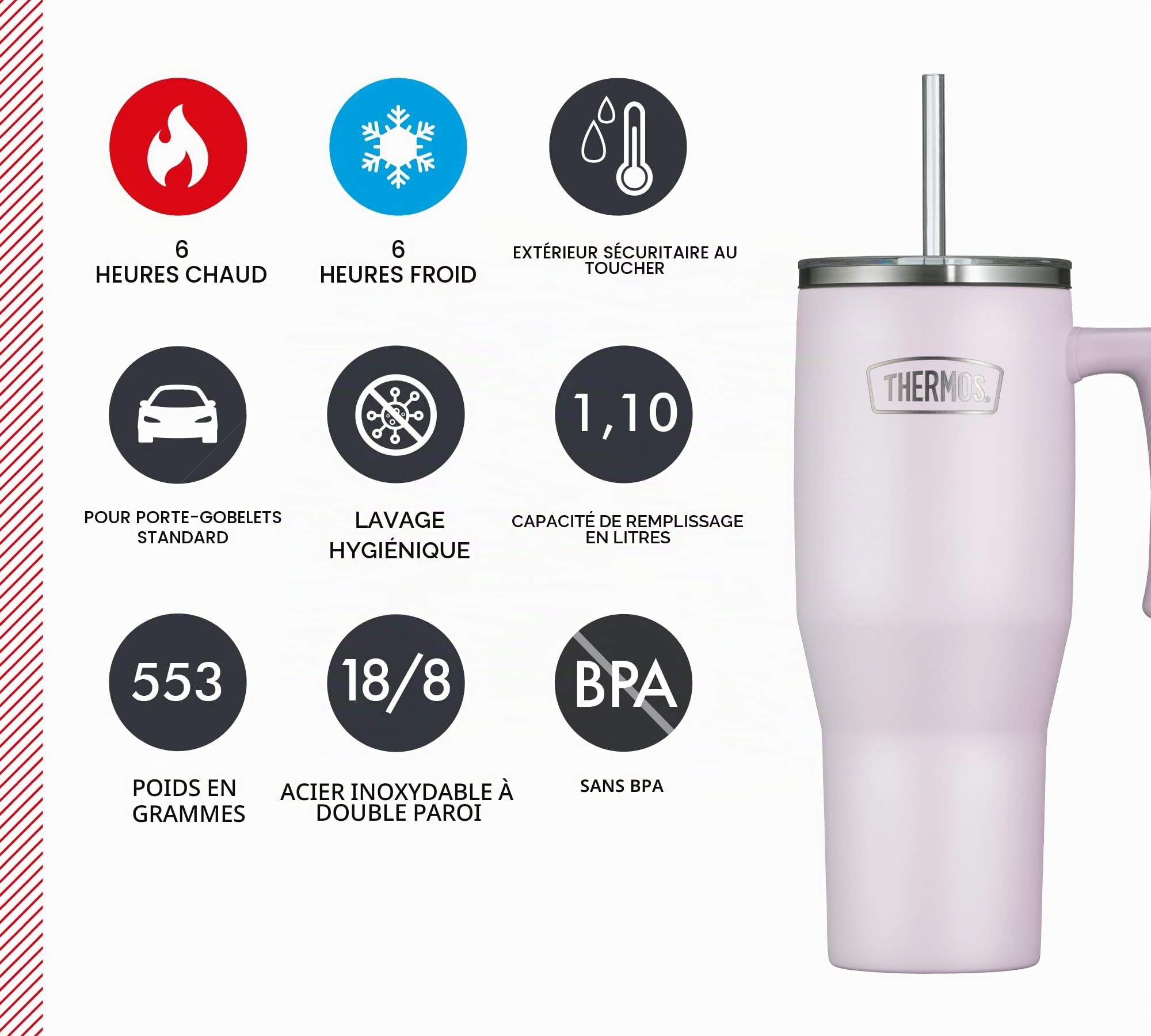 Thermos REFRESHING SERIES - Gobelet isotherme - 1,1 l - Lavande mat - Gobelet avec paille et poignée - Pour les déplacements, le travail ou la maison - En acier inoxydable - Double paroi neutre au