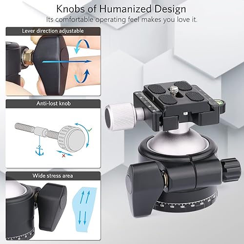 Vista 4 de Cabezal de trípode de perfil bajo de 1.811 in con adaptador de 3 tornillos 3/8 a 1/4 aluminio profesional 360 giratorio cabeza de bola panorámica