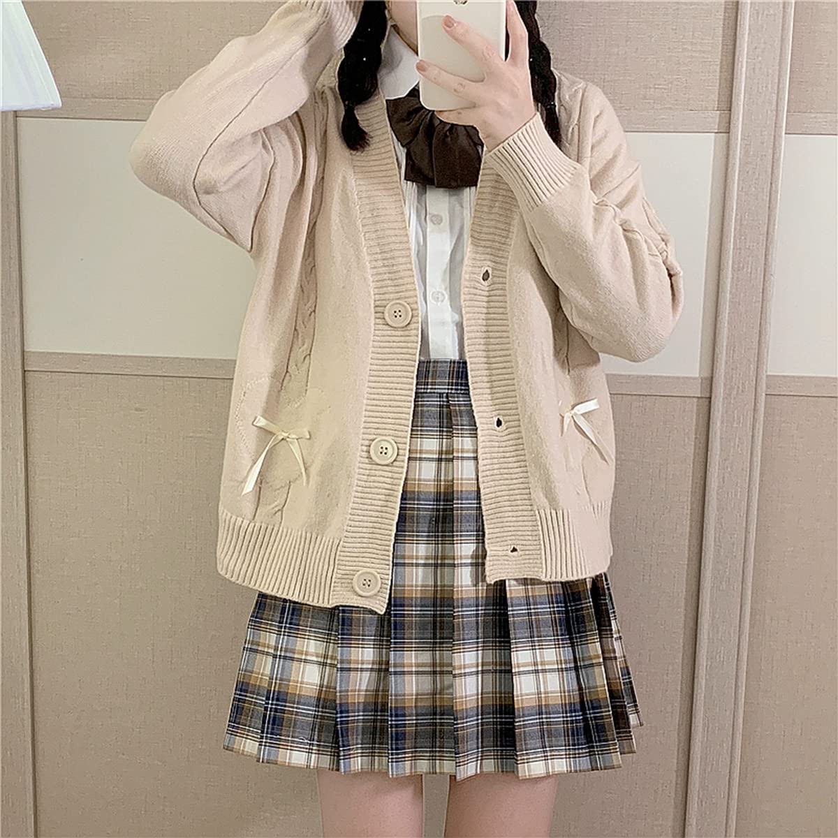 Women Kawaii Sweater Cardigan with Cute Bowknot and Heart S-2XL: XX-Large Light Apricot