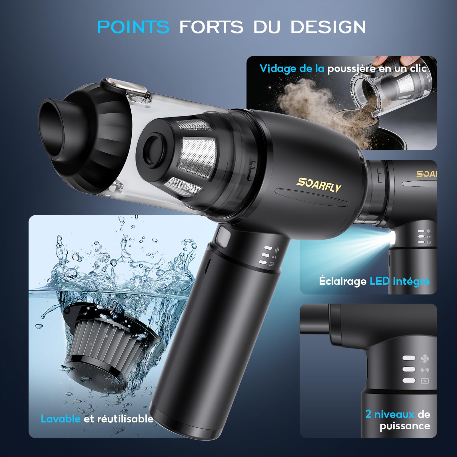 Aspirateur Voiture Puissant Sans Fil, Aspirateur de Voiture à 2 Vitesses Avec Moteur sans Brosse, Mini Aspirateur de Voiture, Cuisine, PC, Canapé, Bureau, Maison et Nettoyage des Poils d'animaux