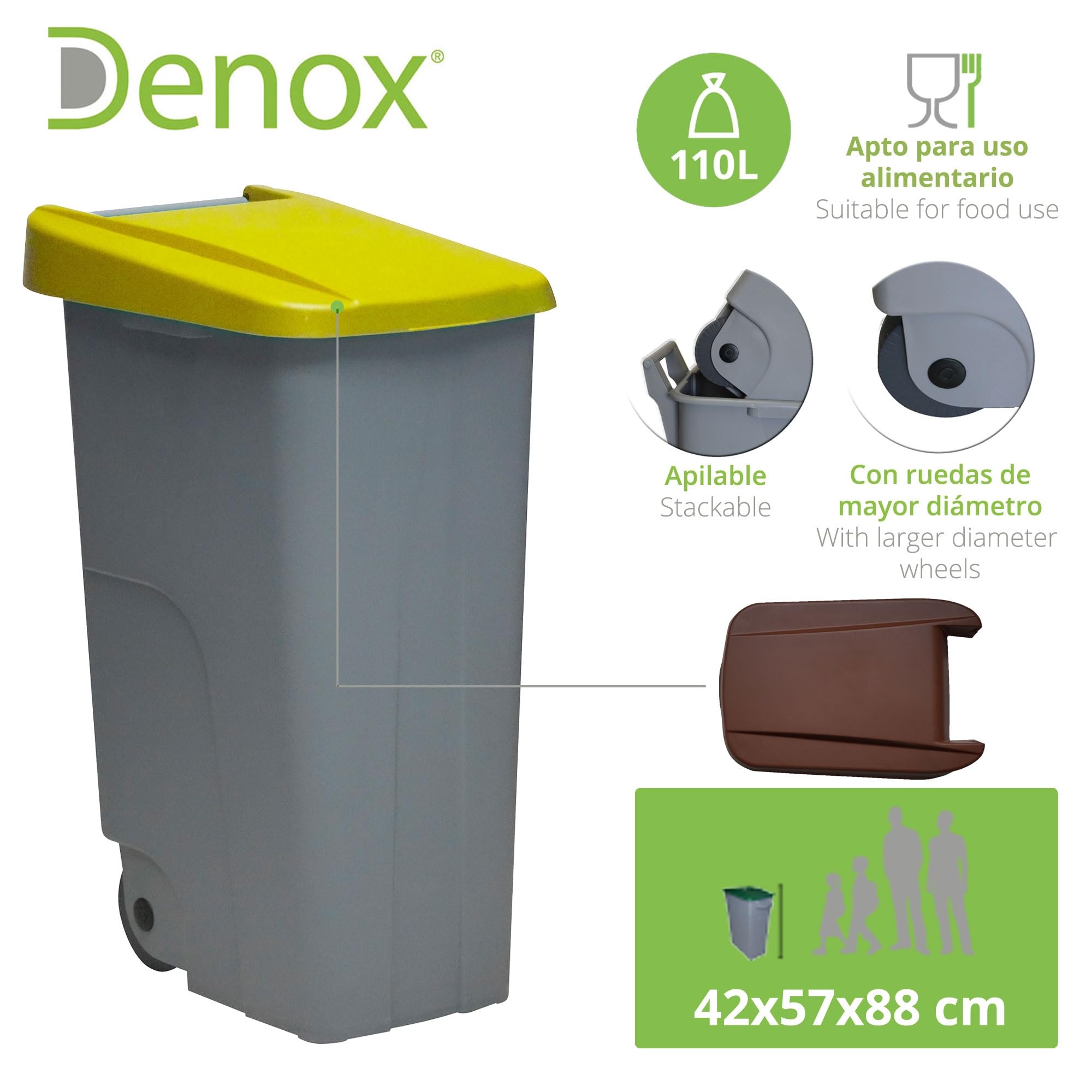Denox PK3341 Pack Reciclaje Reciclo 110 litros Cerrado c/u: 440 litros totales, en 4 contenedores, en Colores Azul/Verde/Amarillo/marrón