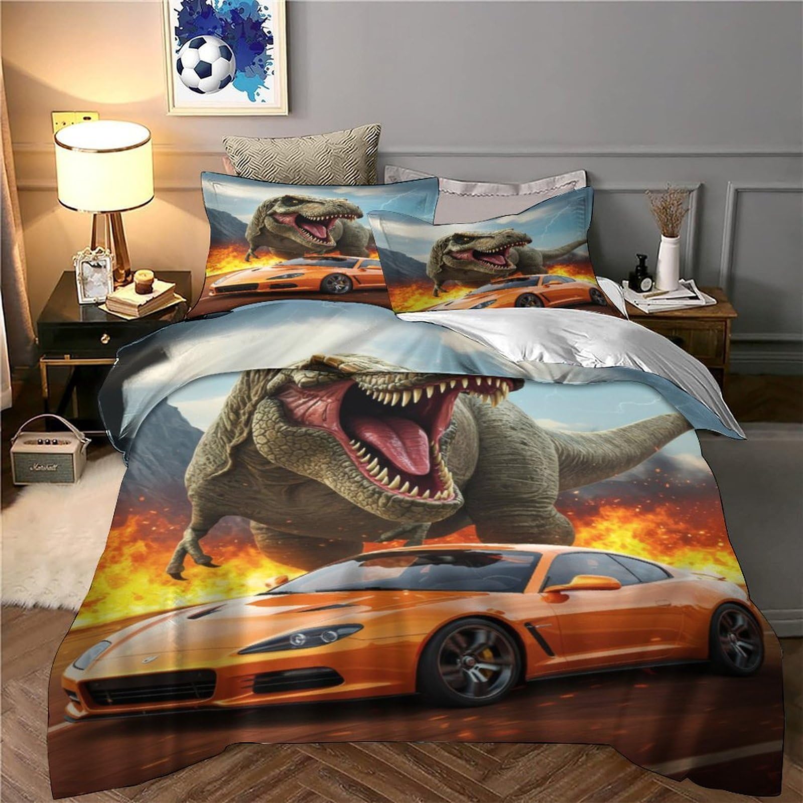 Inseguimento dei dinosauri 3D Stampa Coperteletto 3pz Microfibra Ipollergenica Film d'azione Coperta Letto 2 federe Antimacchia Ragazze Bambini Super king（260x220cm）