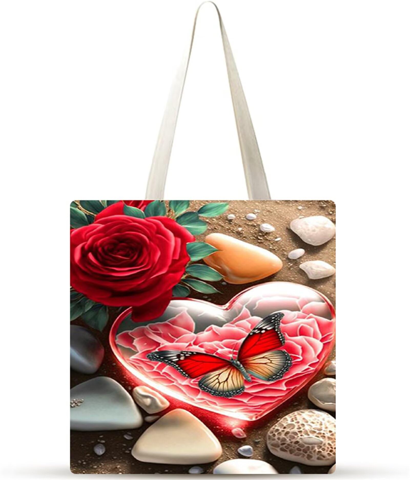 Mariposa de corazón rosa Bolsa de Lona con Estampado, Bolsos de lona para Mujer, Bolsa de Tela Reutilizable para Compras de Comestibles para Trabajo Compras Escuela y Vida Cotidiana