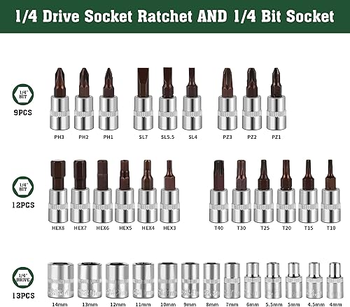 Miniatura 4 de GINWORD Juego de 46 llaves de trinquete de 14 de pulgada, con trinquete reversible, con juego de llaves métricas y barra de extensión para